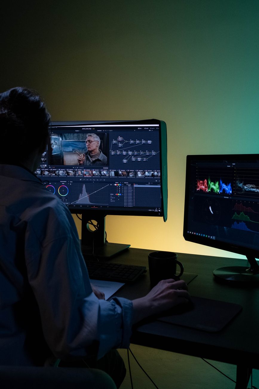 Video post-production suite with color grading monitors
